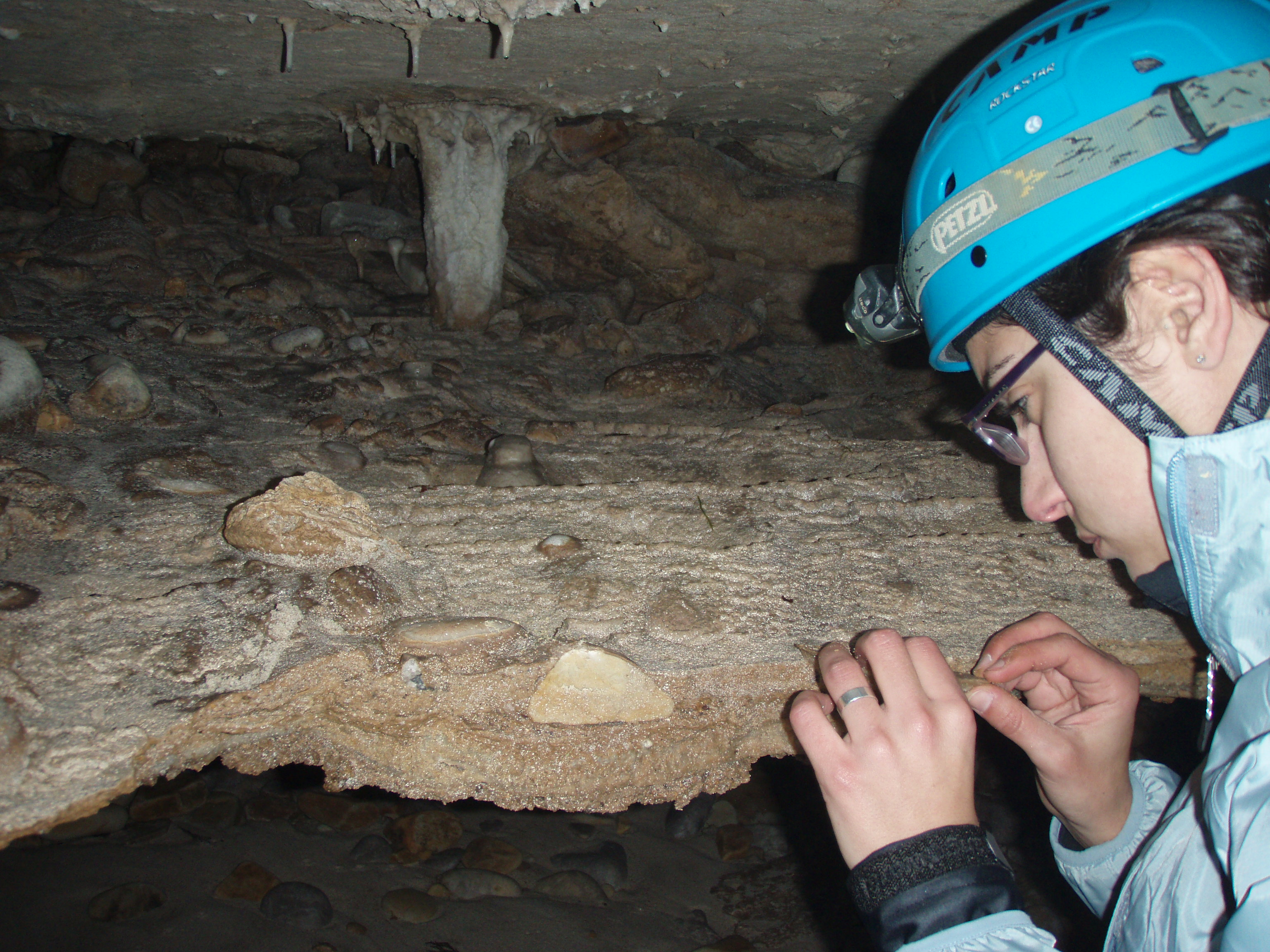 La investigadora del Departamento Laura Rodríguez, analizando uno de los espeleotemas claves de la cueva