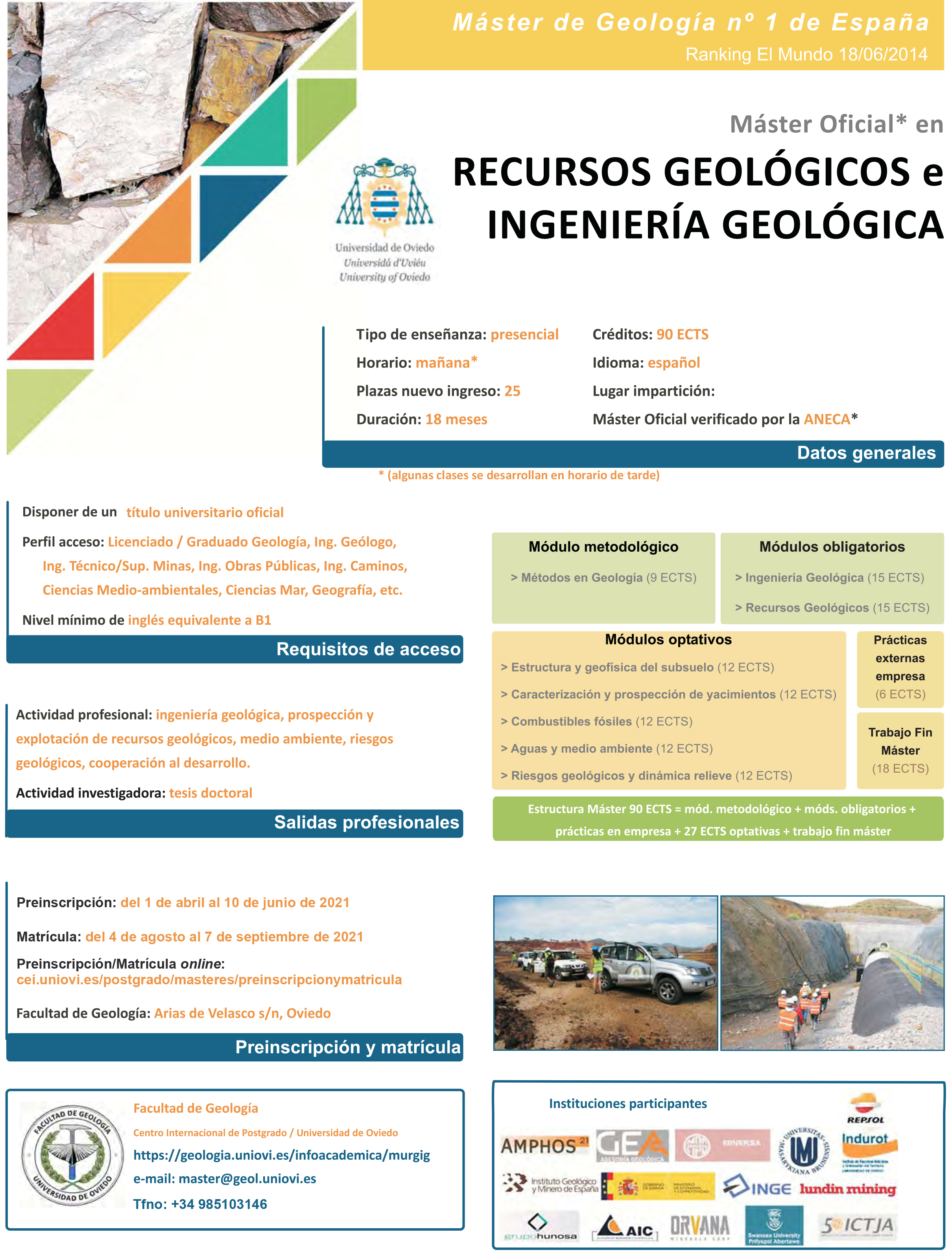 Cartel Máster Universitario en Recursos Geológicos e Ingeniería Geológica Curso 2021/22