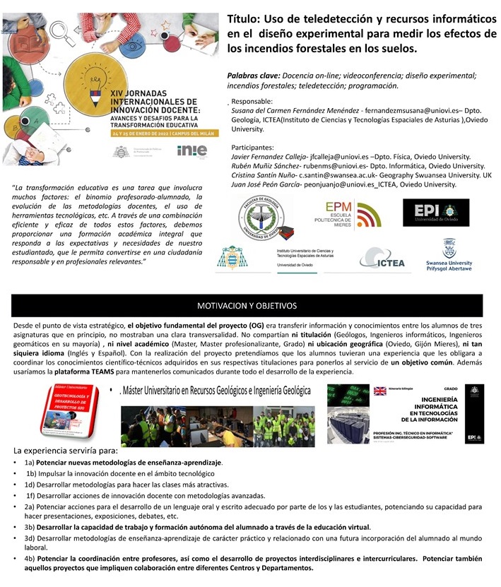 Uso de teledetección y recursos informáticos en el diseño experimental para medir el efecto de los incendios forestales a los suelos Uso de teledetección y recursos informáticos en el diseño experimental para medir el efecto de los incendios forestales a los suelos